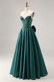 Dark Green A-Line Satin Sweetheart Corset Beaded Long Porm Dress with Bow