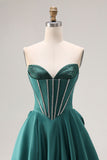 Dark Green A-Line Satin Sweetheart Corset Beaded Long Porm Dress with Bow
