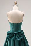 Dark Green A-Line Satin Sweetheart Corset Beaded Long Porm Dress with Bow