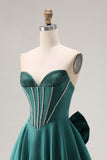 Dark Green A-Line Satin Sweetheart Corset Beaded Long Porm Dress with Bow