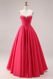 Candy Pink Sweetheart A-Line Corset Ruched Long Prom Dress