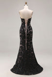 Black Lace Mermaid Sweetheart Lace Up Back Long Prom Dress with Slit