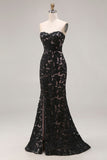 Black Lace Mermaid Sweetheart Lace Up Back Long Prom Dress with Slit