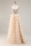 Apricot Strapless A-Line Tiered Sequins Beaded Long Prom Dress with Slit