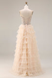 Apricot Strapless A-Line Tiered Sequins Beaded Long Prom Dress with Slit