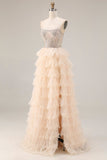 Apricot Strapless A-Line Tiered Sequins Beaded Long Prom Dress with Slit