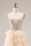 Apricot Strapless A-Line Tiered Sequins Beaded Long Prom Dress with Slit