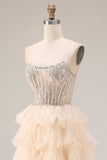 Apricot Strapless A-Line Tiered Sequins Beaded Long Prom Dress with Slit