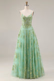 Green A-Line Corset Tulle Beaded Long Prom Dress with Sequins