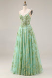 Green A-Line Corset Tulle Beaded Long Prom Dress with Sequins