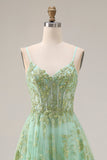 Green A-Line Corset Tulle Beaded Long Prom Dress with Sequins