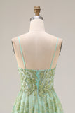 Green A-Line Corset Tulle Beaded Long Prom Dress with Sequins