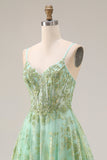 Green A-Line Corset Tulle Beaded Long Prom Dress with Sequins