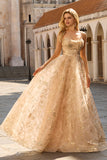 Sparkly Champagne A-Line Corset Long Tulle Prom Dress with Sequins