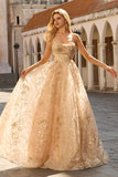 Sparkly Champagne A-Line Corset Long Tulle Prom Dress with Sequins
