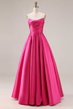 Strapless Hot Pink A-Line Pleated Bodice Satin Long Prom Dress