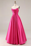 Strapless Hot Pink A-Line Pleated Bodice Satin Long Prom Dress