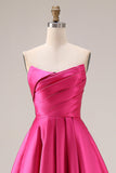 Strapless Hot Pink A-Line Pleated Bodice Satin Long Prom Dress