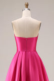 Strapless Hot Pink A-Line Pleated Bodice Satin Long Prom Dress