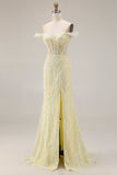 Off The Shoulder Light Yellow Mermaid Sequin Long Prom Dress with Slit