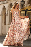 Pink Floral Printed A-Line Corset Long Prom Dress