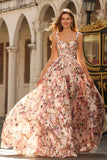 Pink Floral Printed A-Line Corset Long Prom Dress