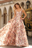 Pink Floral Printed A-Line Corset Long Prom Dress