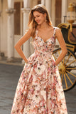 Pink Floral Printed A-Line Corset Long Prom Dress