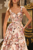 Pink Floral Printed A-Line Corset Long Prom Dress