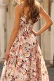 Pink Floral Printed A-Line Corset Long Prom Dress