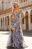 Blue Floral A-Line Off The Shoulder Corset Long Prom Dress with Slit