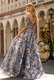 Blue Floral A-Line Off The Shoulder Corset Long Prom Dress with Slit