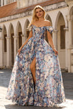 Blue Floral A-Line Off The Shoulder Corset Long Prom Dress with Slit