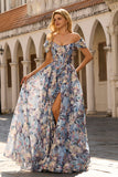 Blue Floral A-Line Off The Shoulder Corset Long Prom Dress with Slit