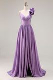 Purple A-Line Spaghetti Straps 3D Flower Ruched Long Prom Dress with Slit