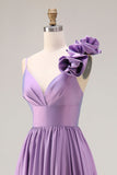 Purple A-Line Spaghetti Straps 3D Flower Ruched Long Prom Dress with Slit