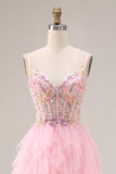 Pink A-Line Beaded Ruffled Corset Sequin Tulle Long Prom Dress with Slit