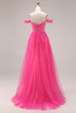 Sparkly Fuchsia Mermaid Off The Shoulder Convertible Long Prom Dress with Sequins