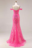 Sparkly Fuchsia Mermaid Off The Shoulder Convertible Long Prom Dress with Sequins