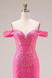 Sparkly Fuchsia Mermaid Off The Shoulder Convertible Long Prom Dress with Sequins