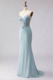 Dusty Blue Mermaid Corset Beaded Long Prom Dress with Lace Up Back
