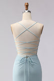 Dusty Blue Mermaid Corset Beaded Long Prom Dress with Lace Up Back