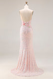 Sparkly Pink Mermaid Beaded Backless Embroidered Long Prom Dress with Slit