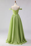 Green Off The Shoulder Satin A-Line Corset Long Prom Dress with Slit
