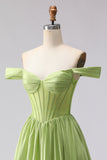Green Off The Shoulder Satin A-Line Corset Long Prom Dress with Slit