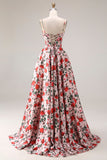 Red Pink Flower Basque Waist A-Line Spaghetti Straps Long Prom Dress with Slit