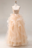 Champagne Princess Strapless Organza Long Prom Dress with Ruffles