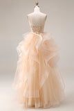 Champagne Princess Strapless Organza Long Prom Dress with Ruffles