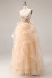 Champagne Princess Strapless Organza Long Prom Dress with Ruffles