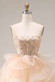 Champagne Princess Strapless Organza Long Prom Dress with Ruffles
